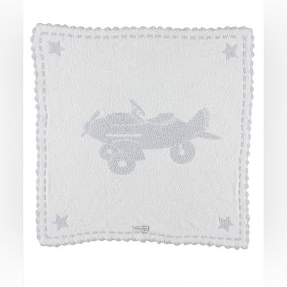 Barefoot Dreams CozyChic Blue and White Airplane Scalloped Baby Blanket - Picture 2 of 7